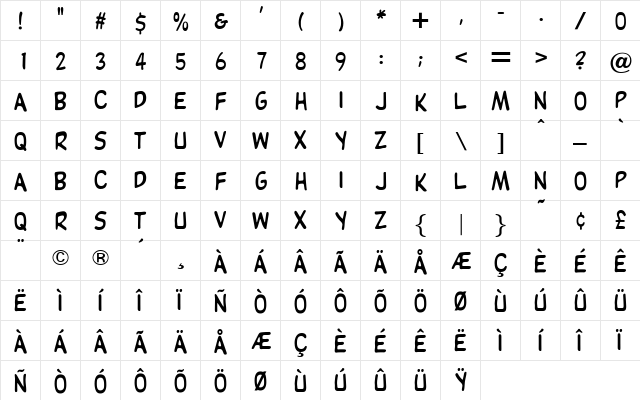 OPTIKartoon Bold  glyph index