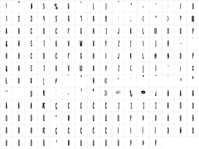 Y-Files Condensed Condensed  glyph index