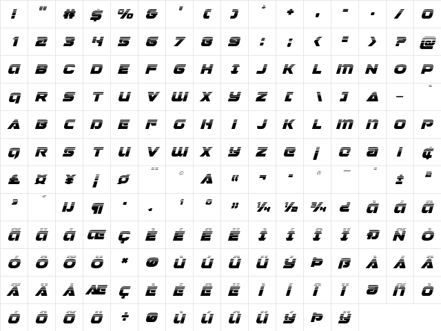 Jeebra Halftone Italic Italic  glyph index