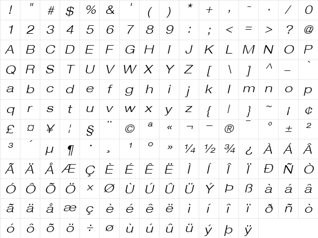 Helvetica43-ExtendedLight LightItalic  glyph index