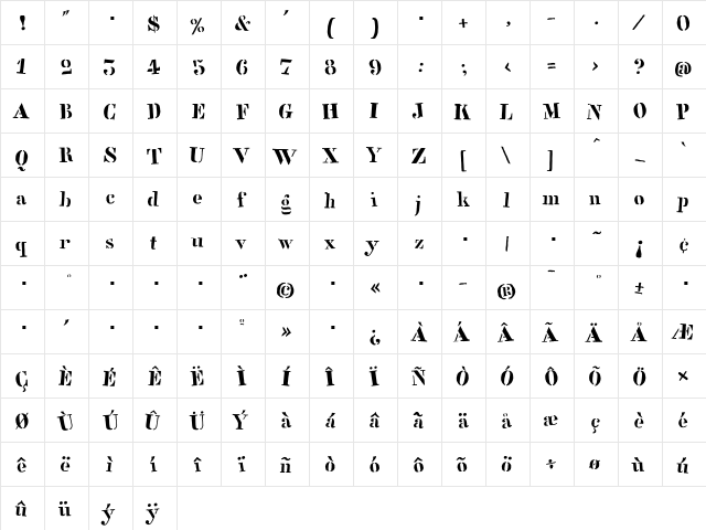 StencilFull Regular  glyph index