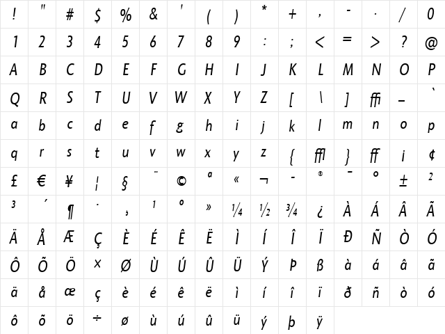 Octone ITC Italic  glyph index