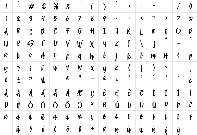 Comfortune Regular  glyph index