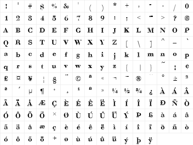 Bauer Bodoni D In1 Regular  glyph index