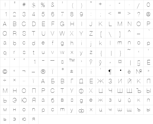 Vanta Thin Plain  glyph index