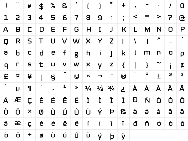 Mystag Regular  glyph index