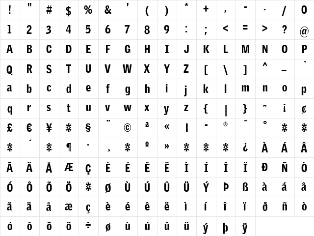 GriffithGothicCond Regular  glyph index