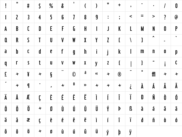 Hamilton Light  glyph index