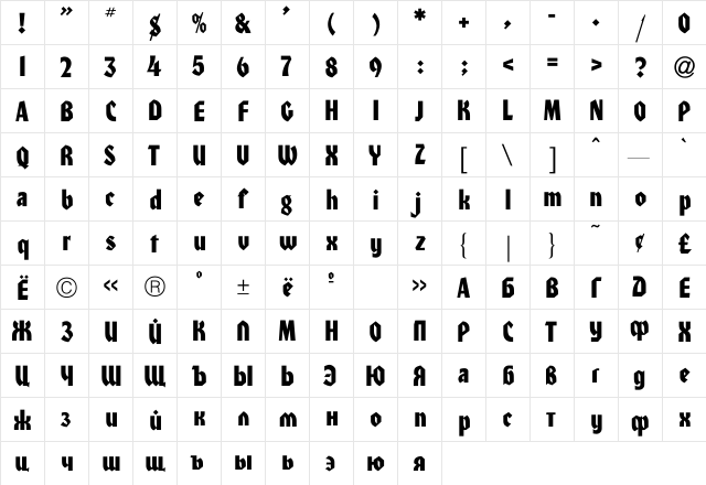 HondaC Regular  glyph index