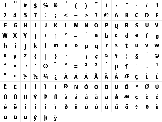 Frutiger LT Std 77 Black Condensed  glyph index