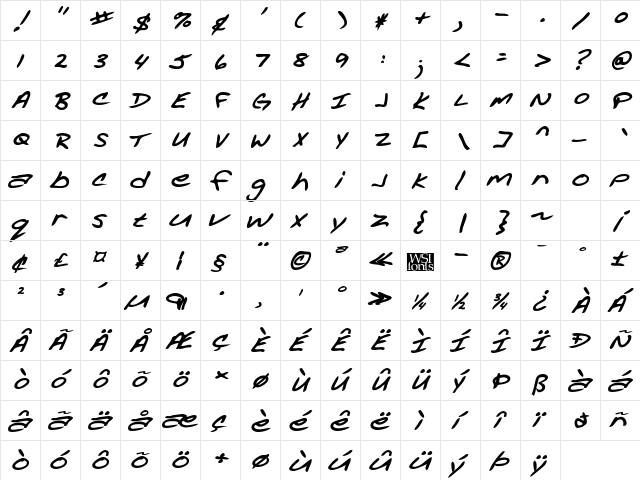 AcaciasHand Bold Italic  glyph index