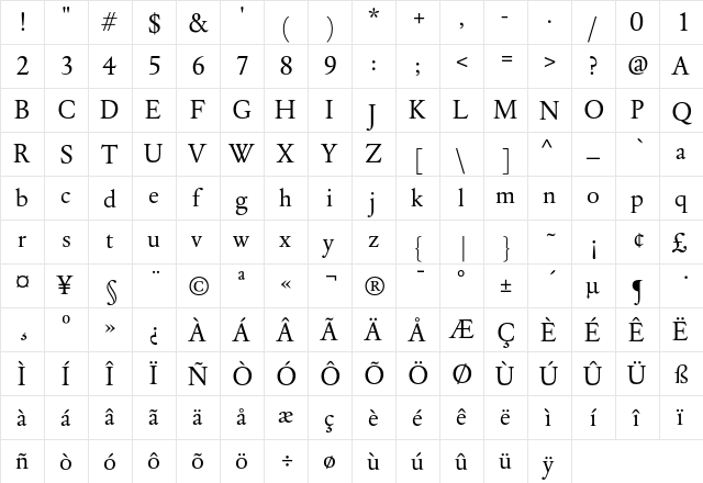 DTL Elzevir T Regular  glyph index