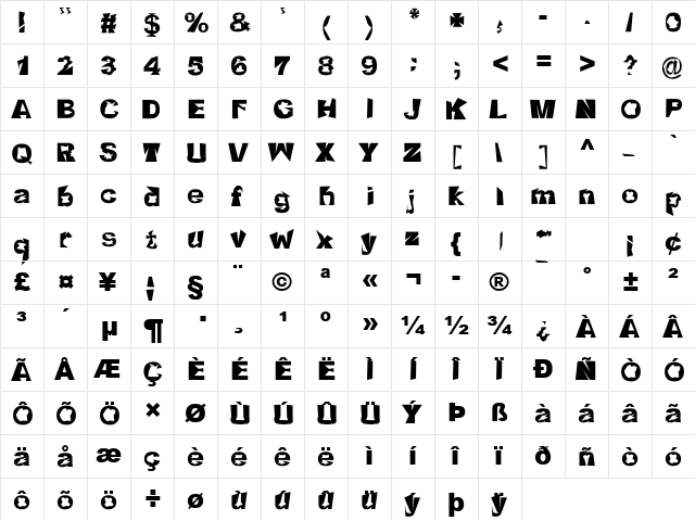 Crackwhore Regular  glyph index