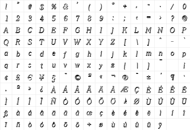 ChristianBeckerShadow-Xlight Italic  glyph index