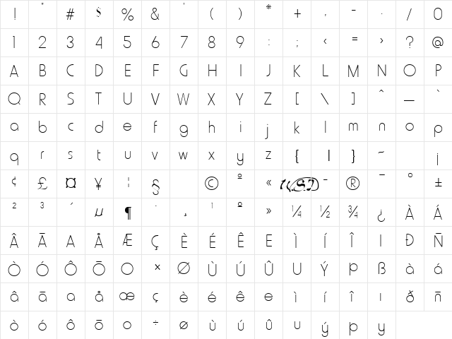 Hammer Thin Regular  glyph index