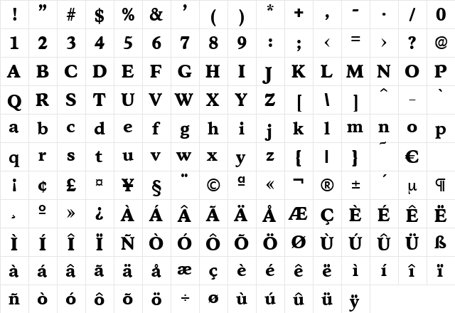 Stratford-Bold Regular  glyph index