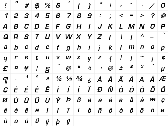 Euramode Bold Italic Regular  glyph index