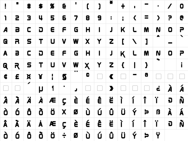 Zebulon Condensed Bold  glyph index