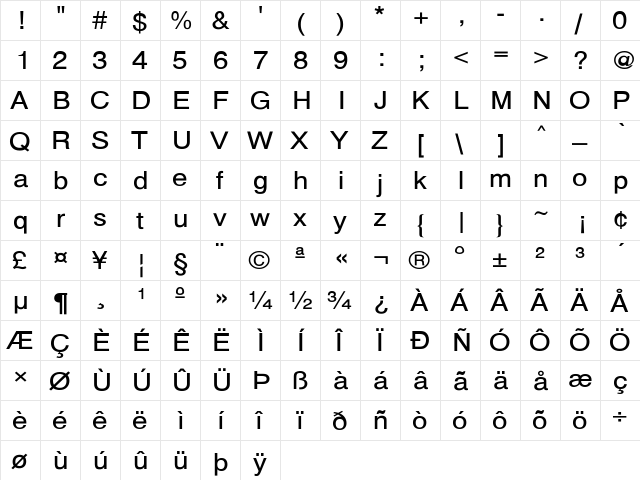 HelveticaExt-Normal Regular  glyph index