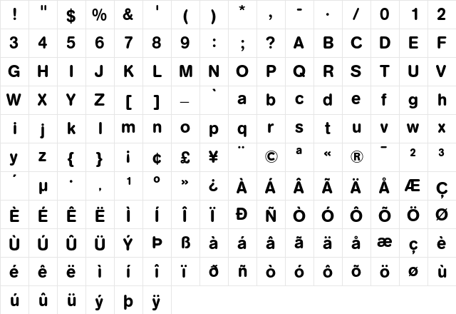AG Book Rounded Medium  glyph index