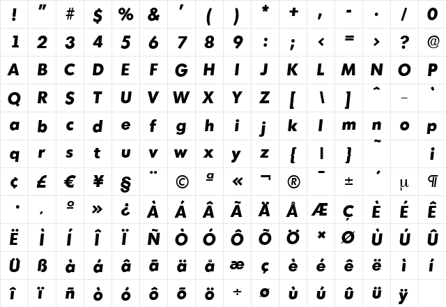 MontrealSerial-Xbold Italic  glyph index