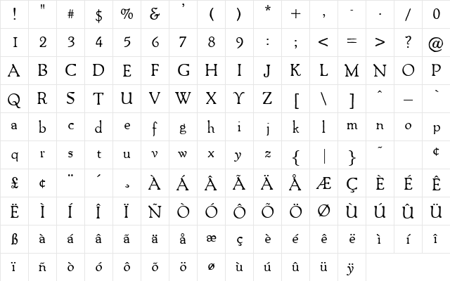 Paliard Regular  glyph index