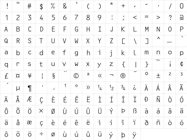 OCRF Light  glyph index