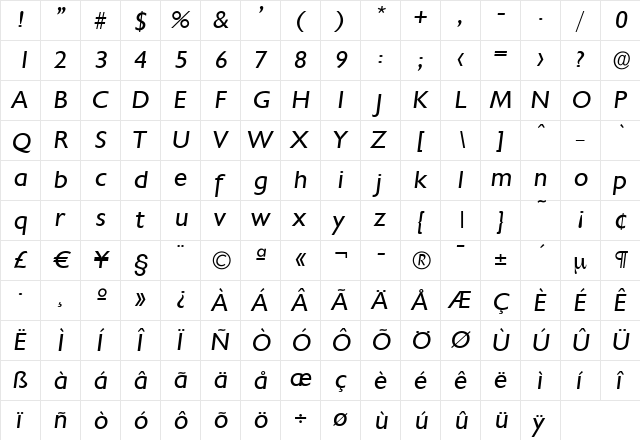 DavidBecker Italic  glyph index