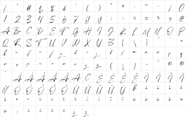 Angelinas Regular  glyph index