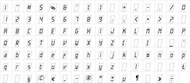 ElectronicaS-WhiteOblique Regular  glyph index