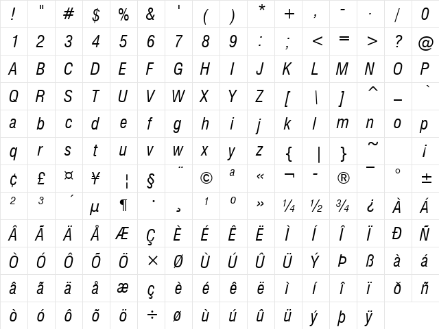 GenevaNrw Italic  glyph index