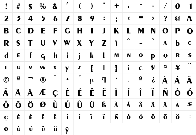 Aquavit Regular  glyph index