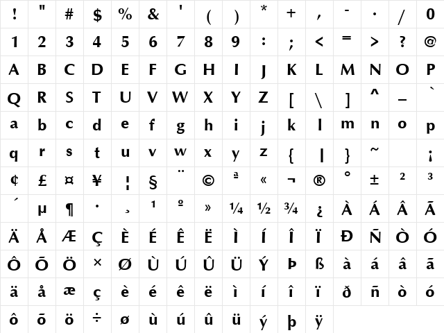 Optimum Bold  glyph index