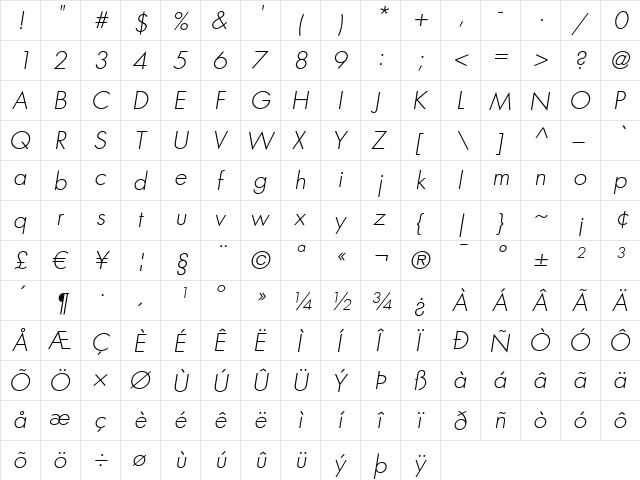 Futura LT LightOblique  glyph index