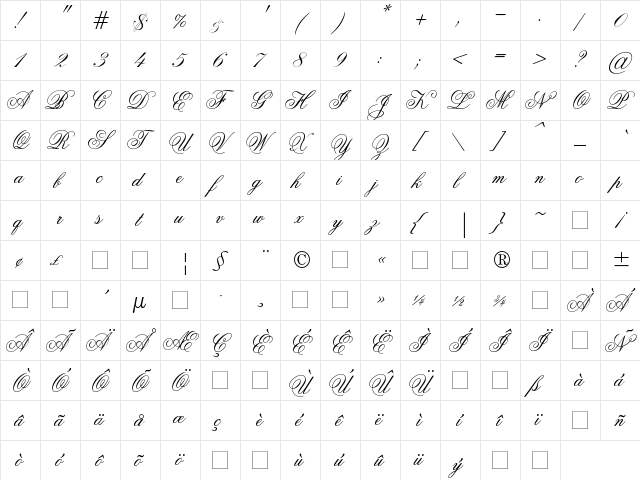 Old Script Regular  glyph index