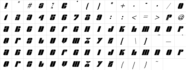Glypic Italic  glyph index