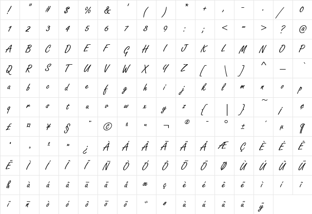 FreestyleScriptEF Regular  glyph index