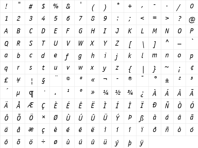 ITCOfficinaSans LT Book Italic  glyph index