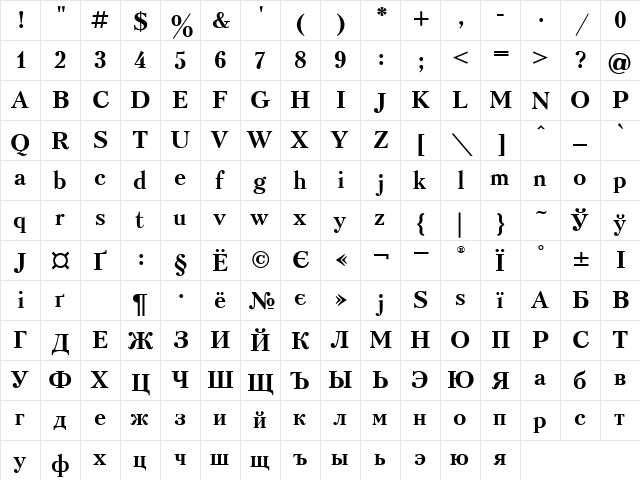 UkrainianKudriashov Bold  glyph index