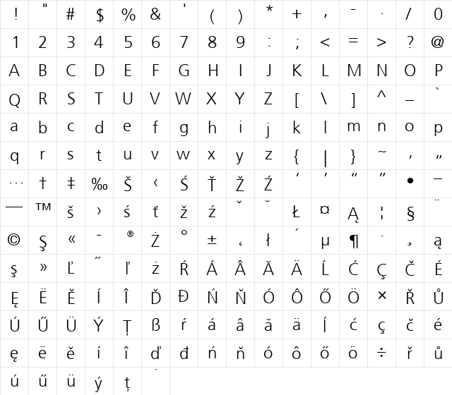 Frutiger CE 45 Light Regular  glyph index