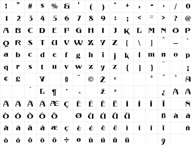 Murillo Regular  glyph index