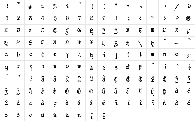 F25 BlackletterTypewriter Regular  glyph index