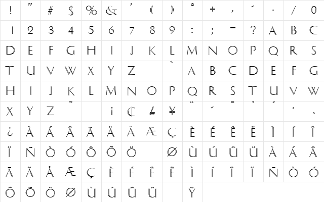 Delphin Regular  glyph index