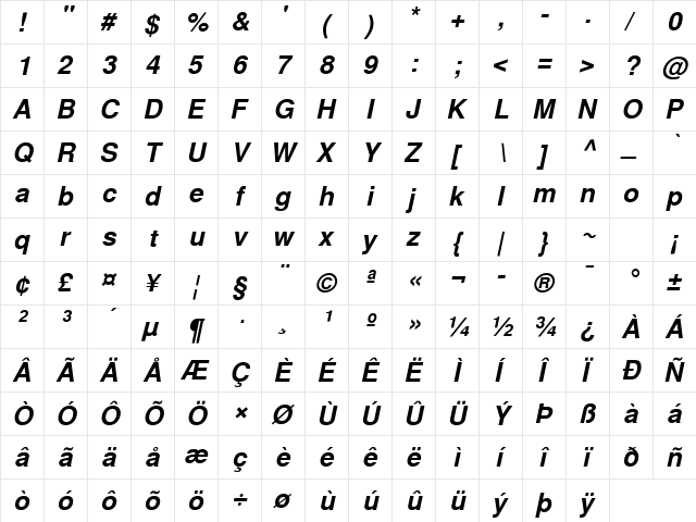 FreeSans Bold Oblique  glyph index