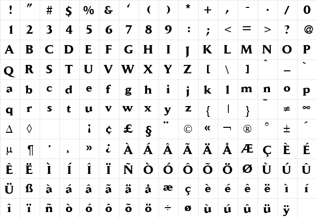 Daylight DB Bold  glyph index