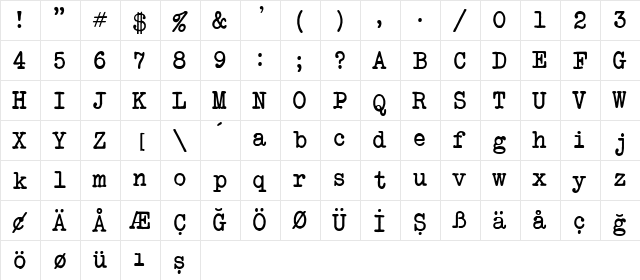 Turkish Another Typewriter Regular  glyph index