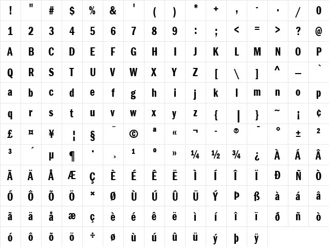 ITCFranklinGothic LT BookCp Bold  glyph index