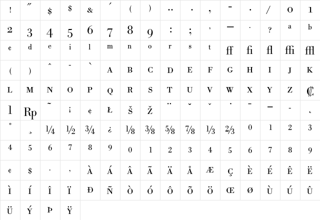Bodoni BE Light Expert  glyph index