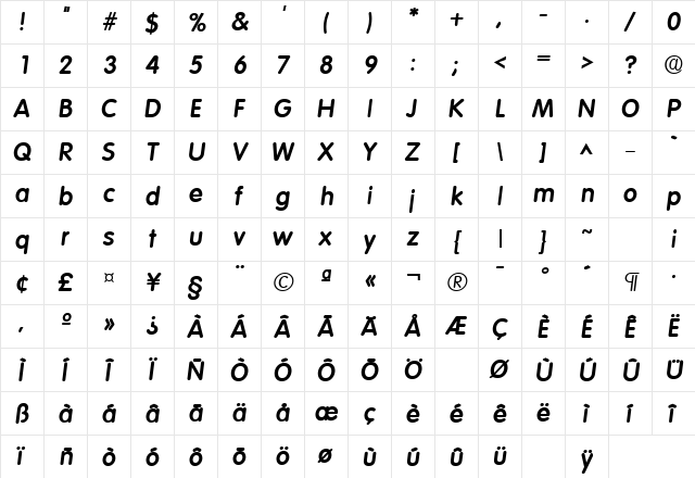 Elementary Heavy SF Bold Italic  glyph index