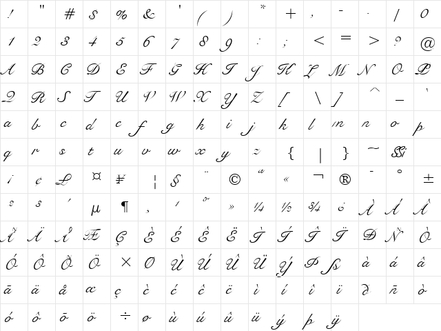 Bravo Script SSi Regular  glyph index